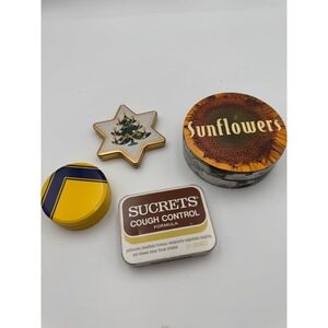 Vintage Metal Tin Lot Sucrets Elizabeth Arden Sunflowers Christmas Star 4pc
